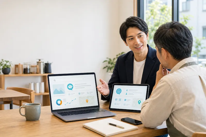 店舗経営者にAI検索の説明をするウェブマーケティング会社