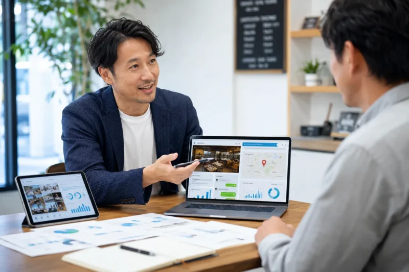 店舗オーナーにウェブマーケティングを説明するスタッフ