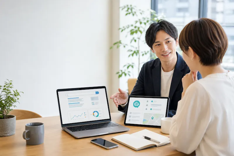 ウェブマーケティング会社スタッフとSEOやLLMについて打ち合わせをする店舗経営者。